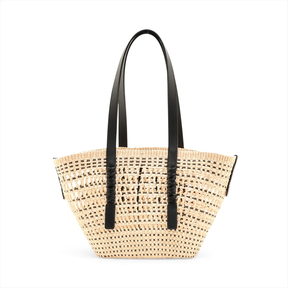 Braided Basket Medium Raffia x Leather Basket Bag Beige x Black — view 2