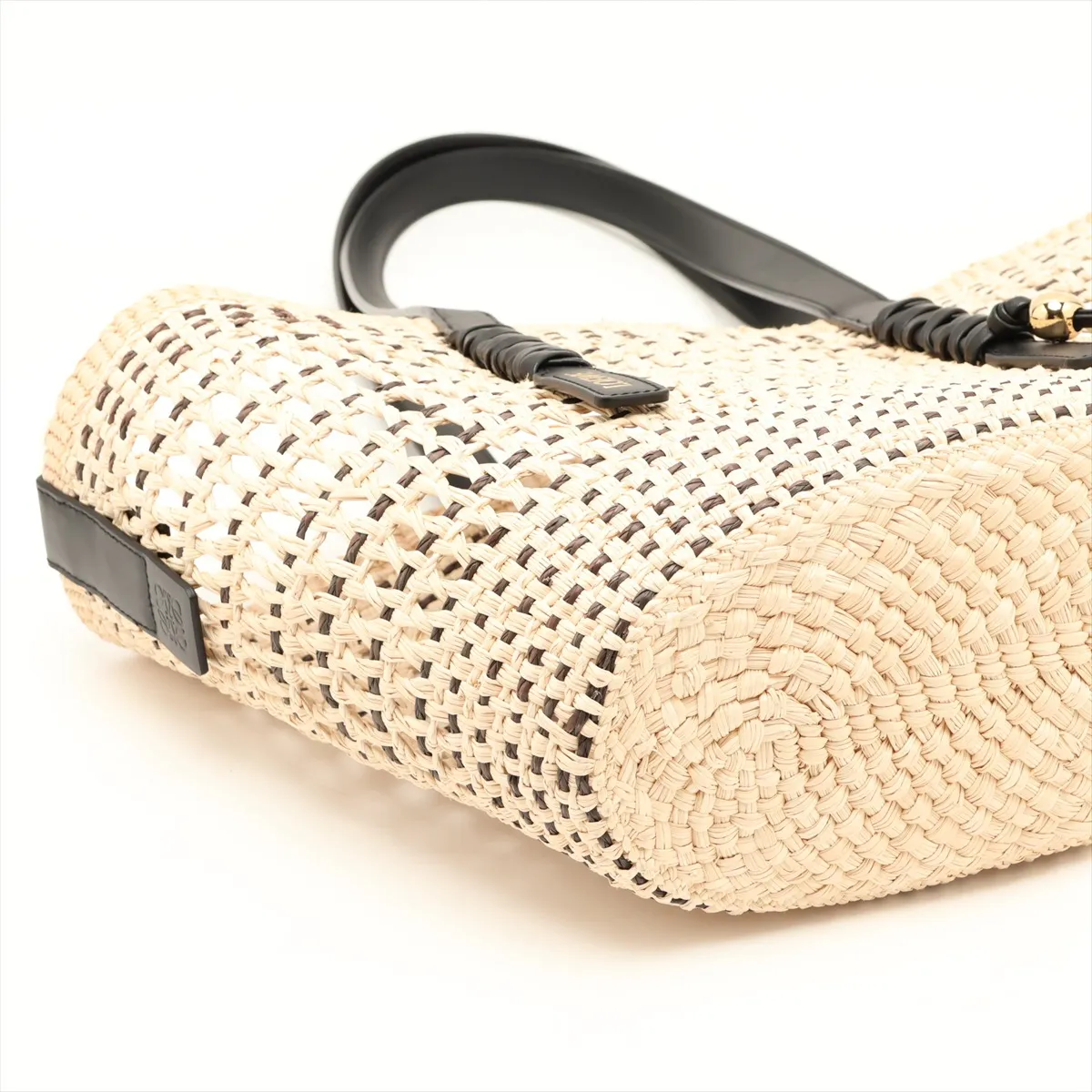 Braided Basket Medium Raffia x Leather Basket Bag Beige x Black — view 4