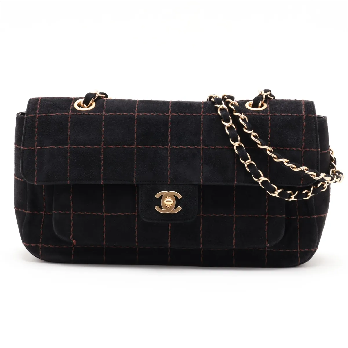 Chocolate Bar Suede Single Flap Double Chain Bag, Black with Gold Hardware, 7108151, Series 7