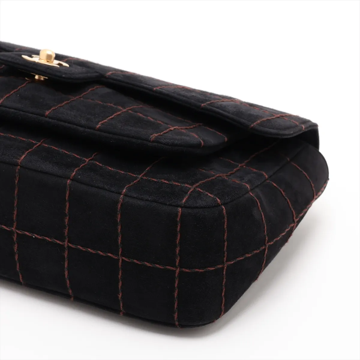 Chocolate Bar Suede Single Flap Double Chain Bag, Black with Gold Hardware, 7108151, Series 7 — view 3