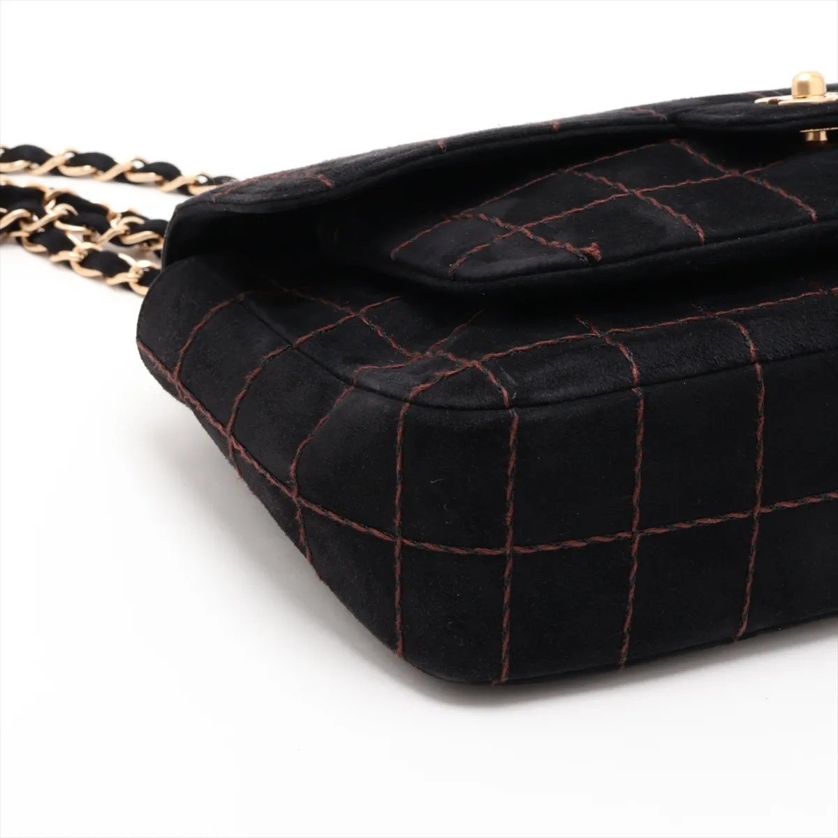 Chocolate Bar Suede Single Flap Double Chain Bag, Black with Gold Hardware, 7108151, Series 7 — view 4