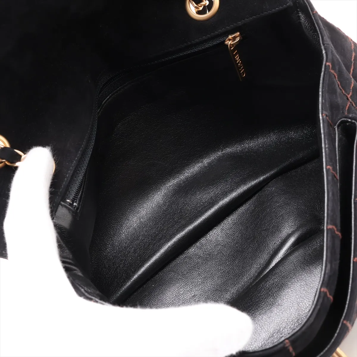 Chocolate Bar Suede Single Flap Double Chain Bag, Black with Gold Hardware, 7108151, Series 7 — view 6