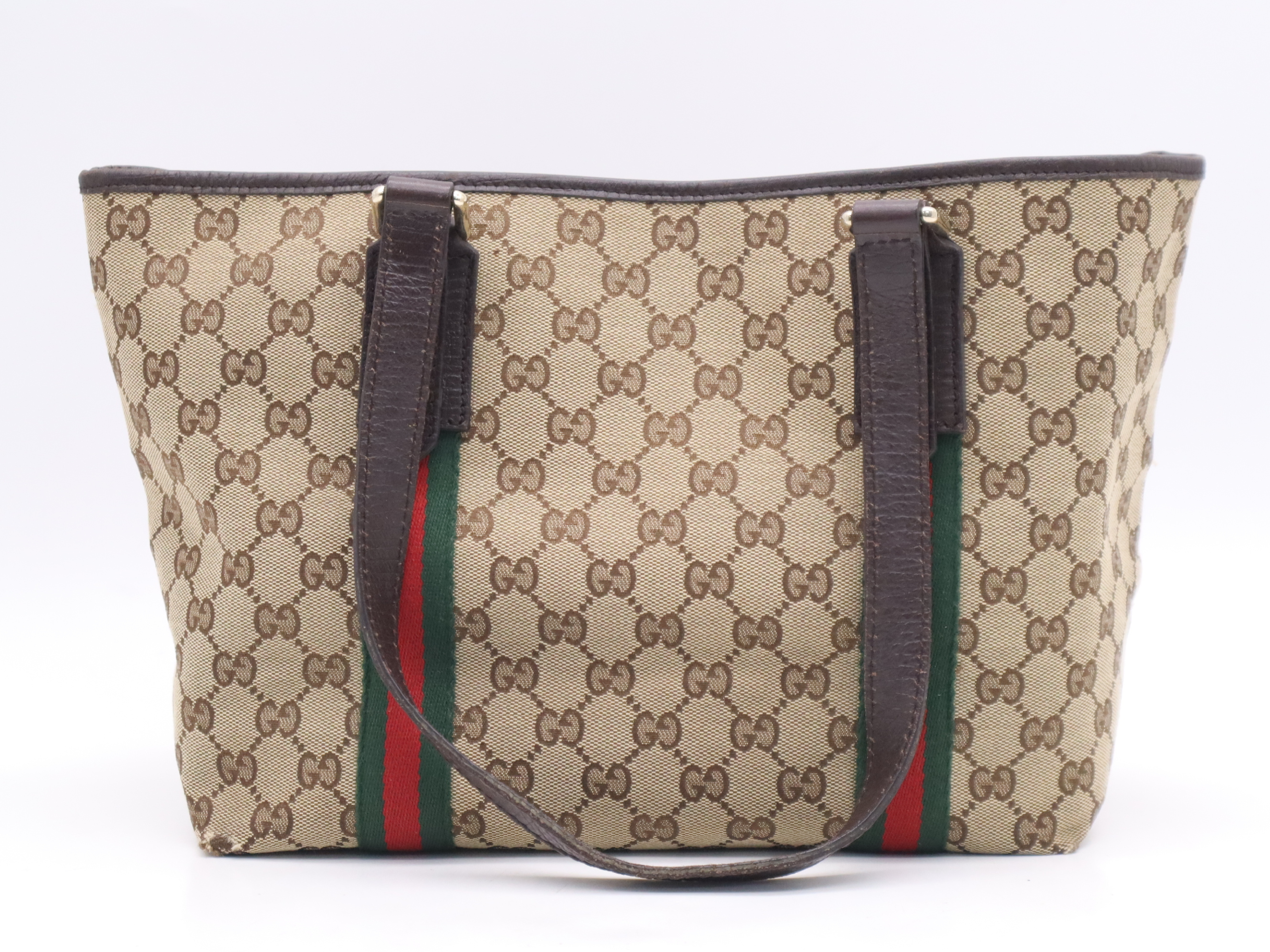 137396 GG Canvas Sherry Line Tote Bag (Beige, Green, Red) with Charm — view 2
