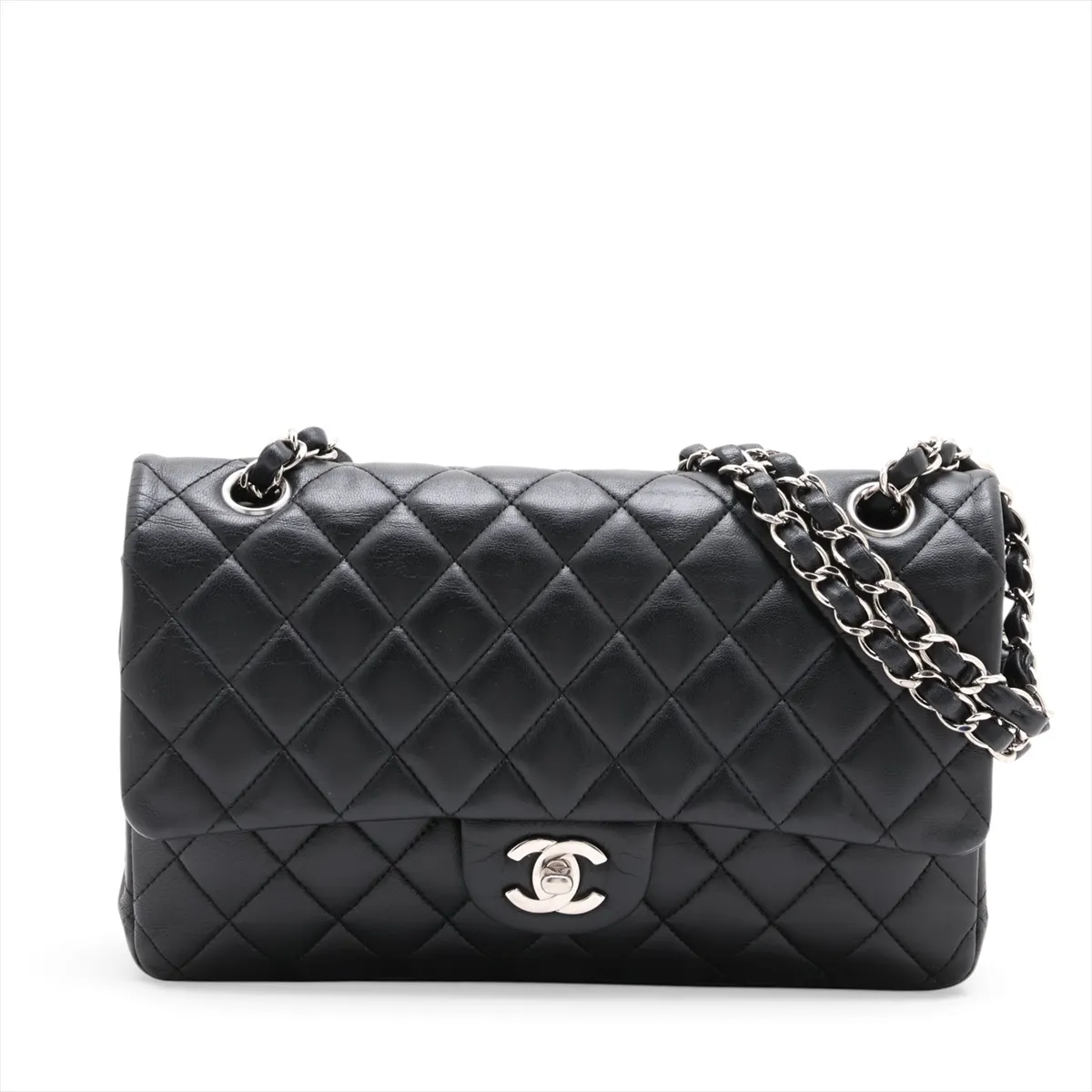Matelassé 25 Lambskin Double Flap Double Chain Bag, Black with Silver Hardware, Serial Number 26-series, A01112