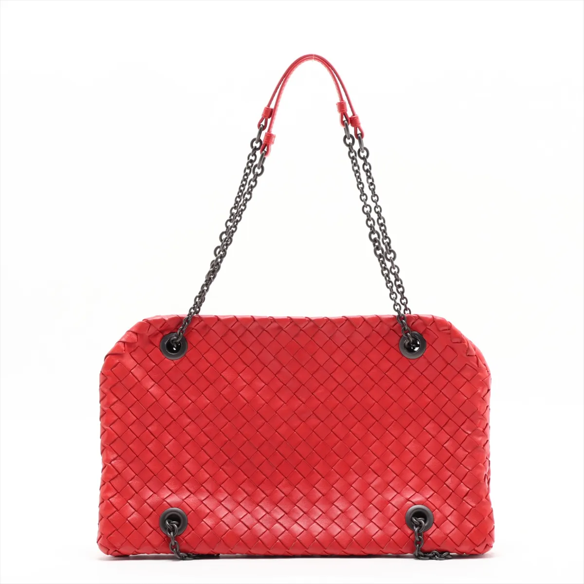Intrecciato Leather Chain Shoulder Bag, Red, with Mirror — view 2