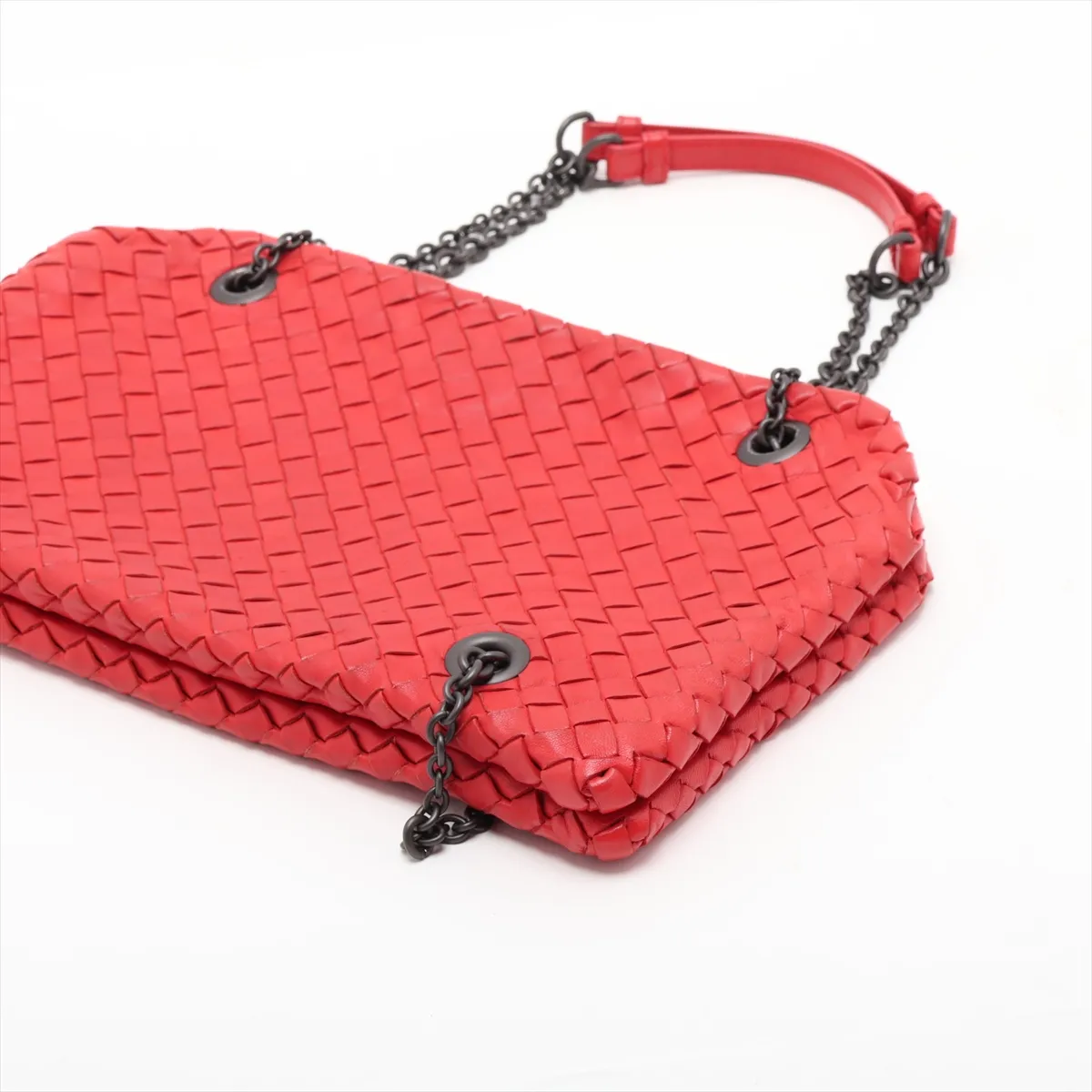 Intrecciato Leather Chain Shoulder Bag, Red, with Mirror — view 3