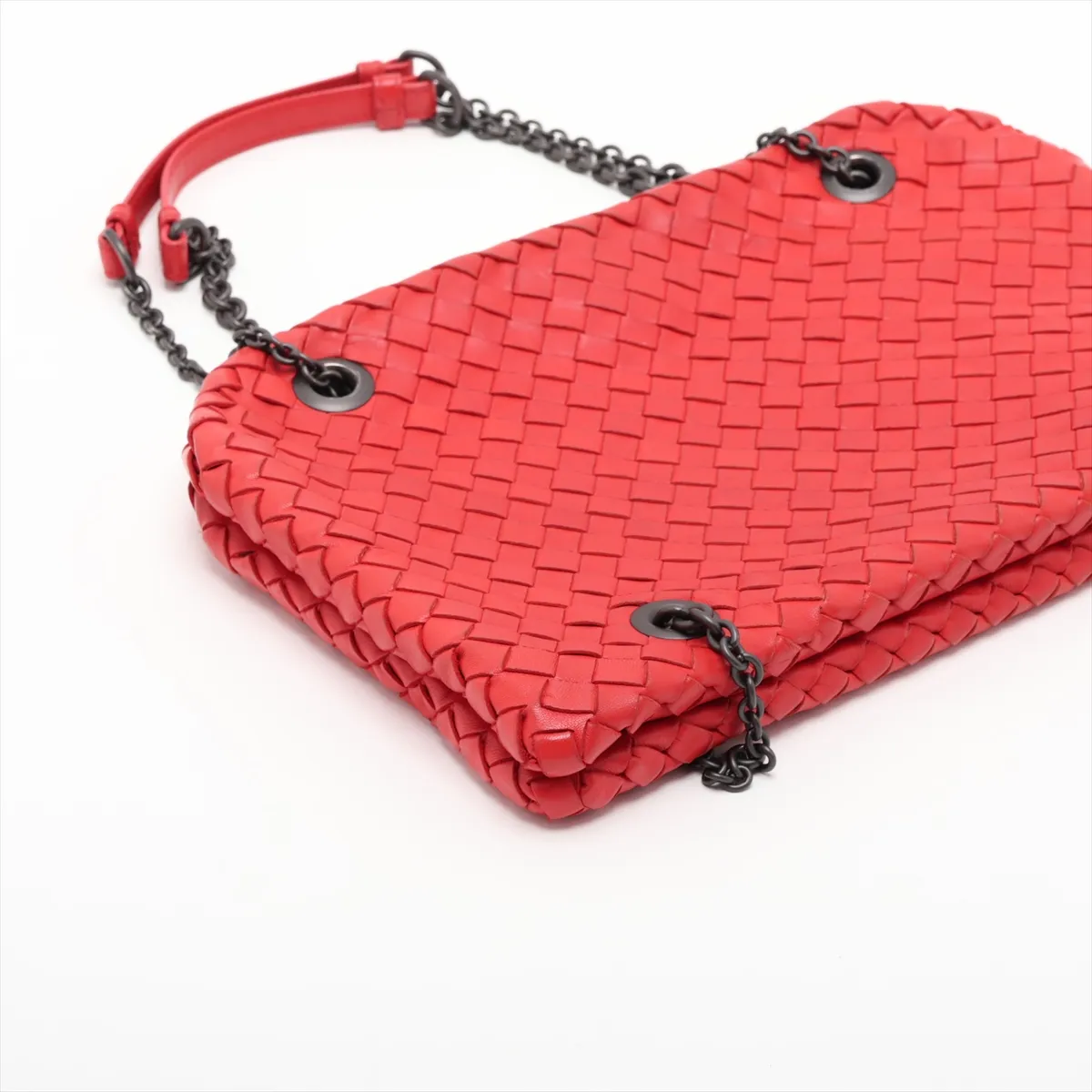 Intrecciato Leather Chain Shoulder Bag, Red, with Mirror — view 4