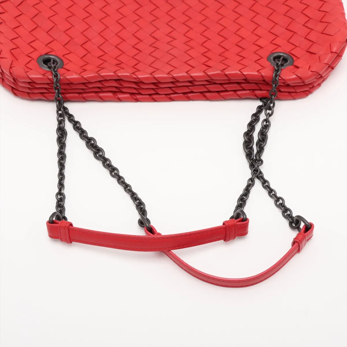 Intrecciato Leather Chain Shoulder Bag, Red, with Mirror — view 5