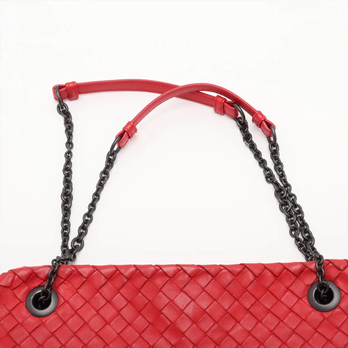 Intrecciato Leather Chain Shoulder Bag, Red, with Mirror — view 6