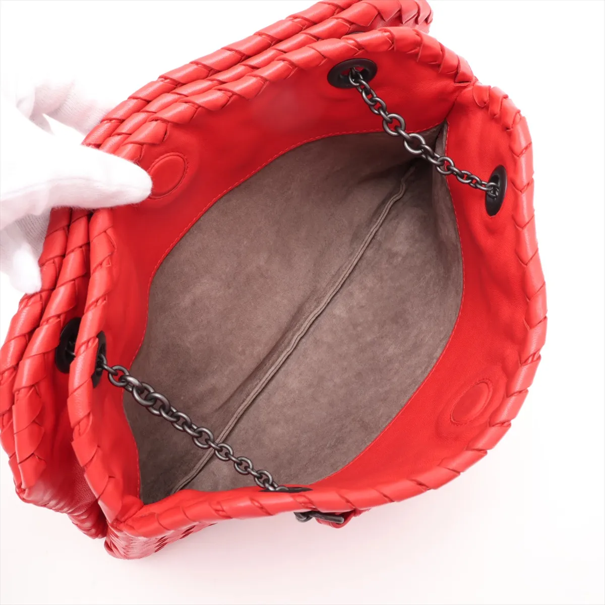 Intrecciato Leather Chain Shoulder Bag, Red, with Mirror — view 7