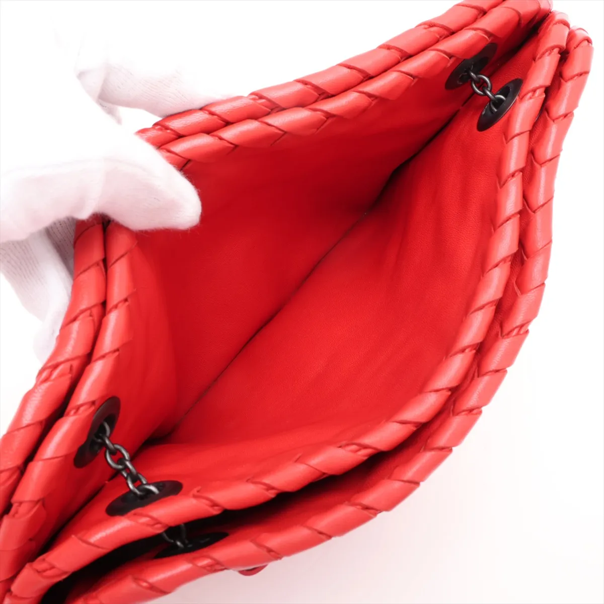 Intrecciato Leather Chain Shoulder Bag, Red, with Mirror — view 8