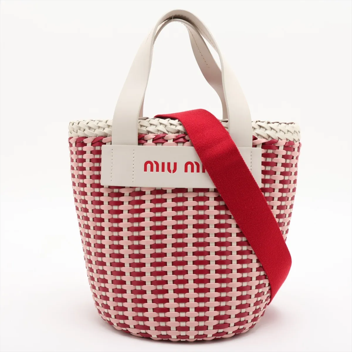 Intreccio 5BE022 Leather 2-Way Handbag White x Red