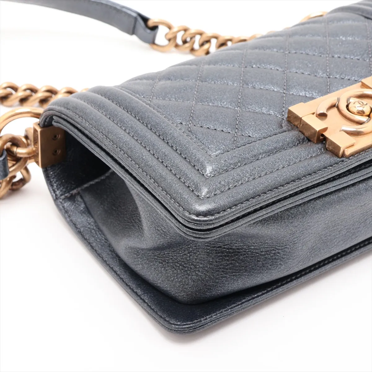 Boy Chanel 20 Small Leather Chain Shoulder Bag, Navy, Gold Hardware, 20473420, Serial Number in the 20s, A67085 — view 4