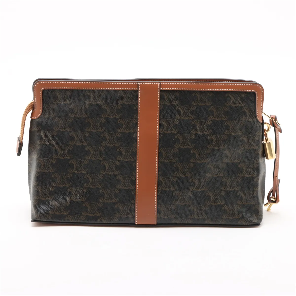 Triomphe Toiletry Pouch PVC x Leather Clutch Bag Brown — view 2