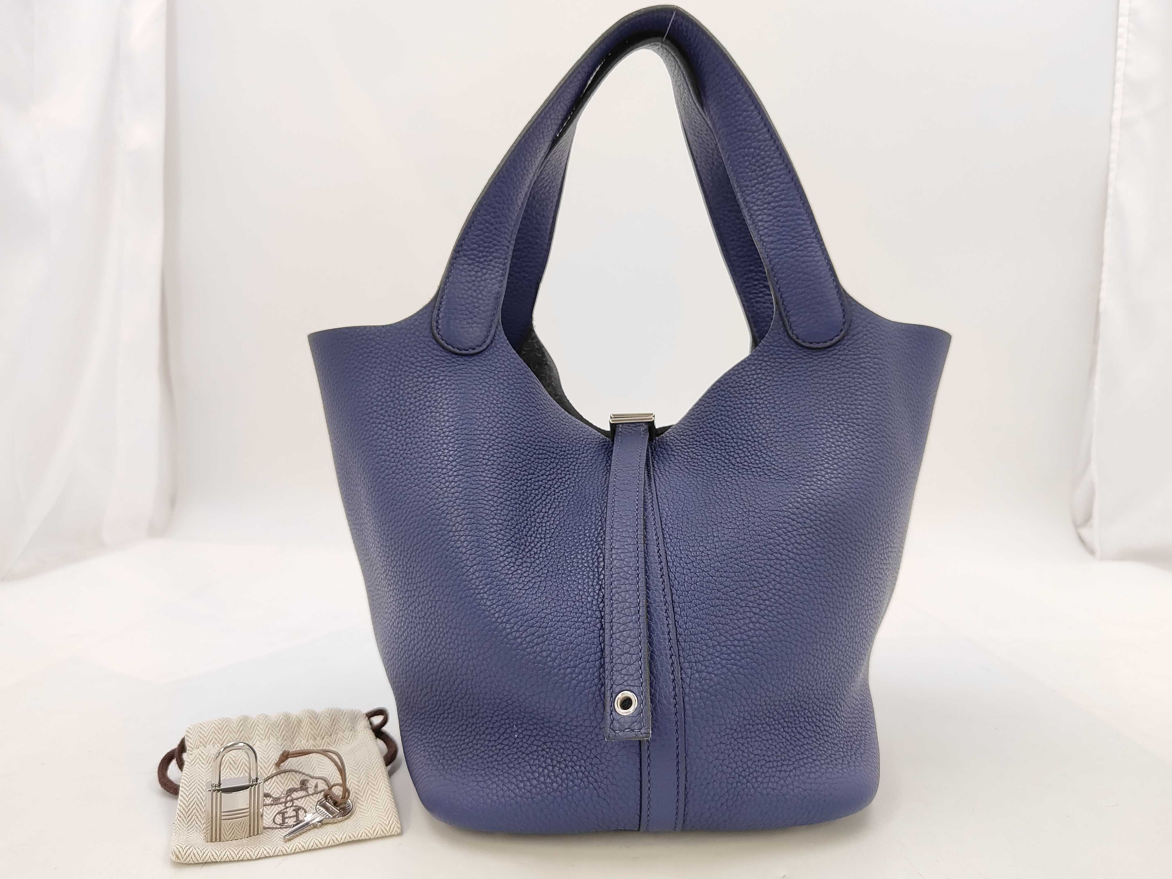 Picotin Lock MM Navy Blue Stamped Y Handbag