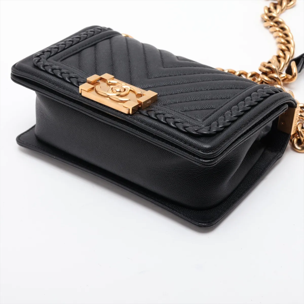 Boy Chanel 20 Small Caviar Skin Chain Shoulder Bag, Chevron V-stitch, Black, Gold Hardware, 25088817, Serial Number 25-series, A67085 — view 3