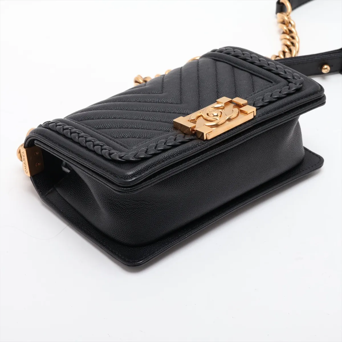 Boy Chanel 20 Small Caviar Skin Chain Shoulder Bag, Chevron V-stitch, Black, Gold Hardware, 25088817, Serial Number 25-series, A67085 — view 4