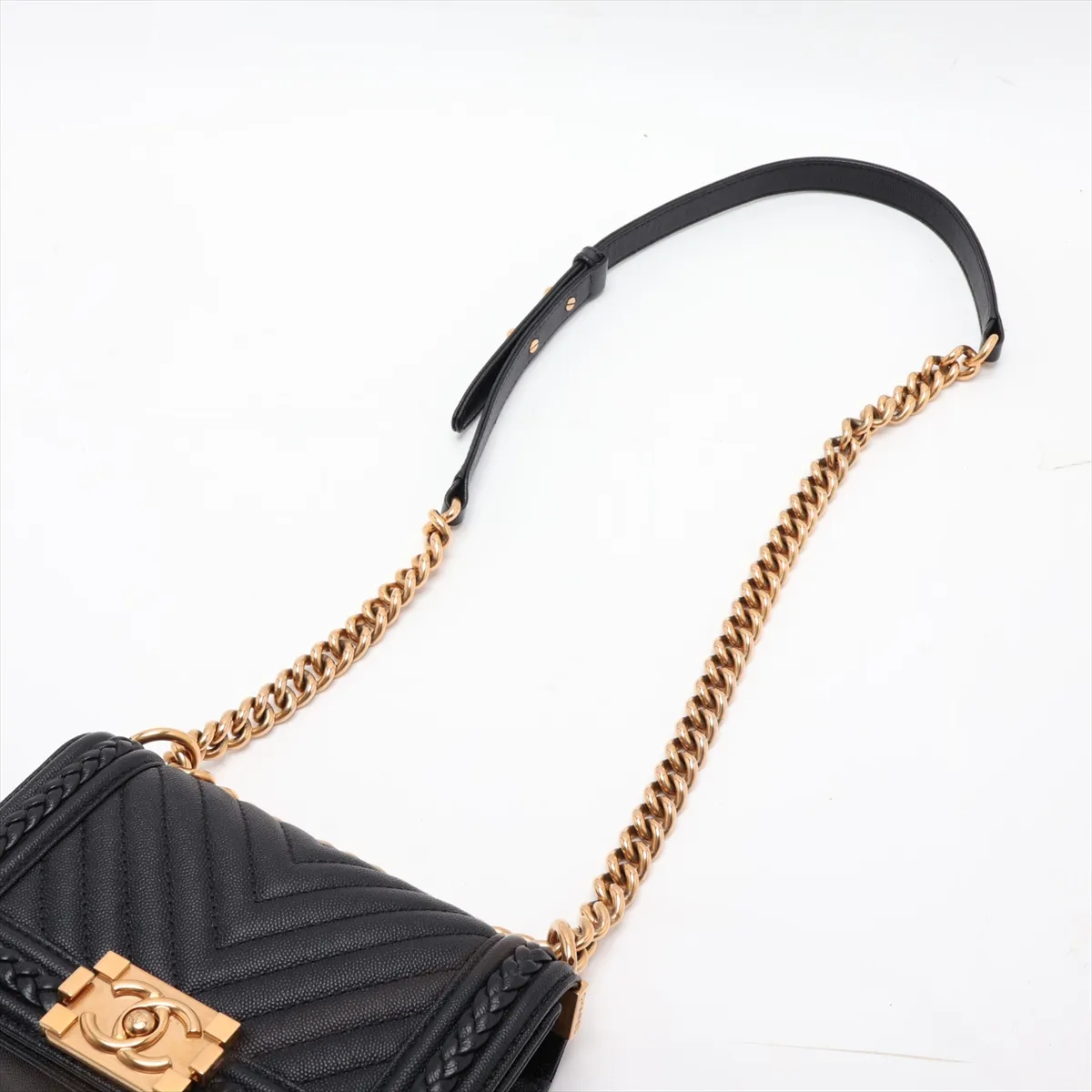 Boy Chanel 20 Small Caviar Skin Chain Shoulder Bag, Chevron V-stitch, Black, Gold Hardware, 25088817, Serial Number 25-series, A67085 — view 5
