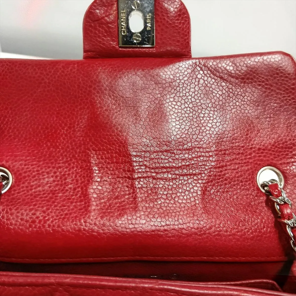 Mini Matelassé Caviar Skin Single Flap Single Chain Bag, Red, Silver Hardware, 17161311, Serial Number 17 — view 13
