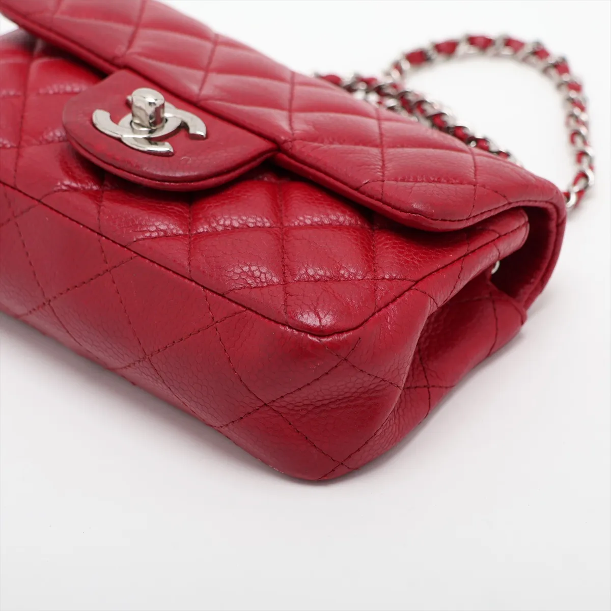 Mini Matelassé Caviar Skin Single Flap Single Chain Bag, Red, Silver Hardware, 17161311, Serial Number 17 — view 3