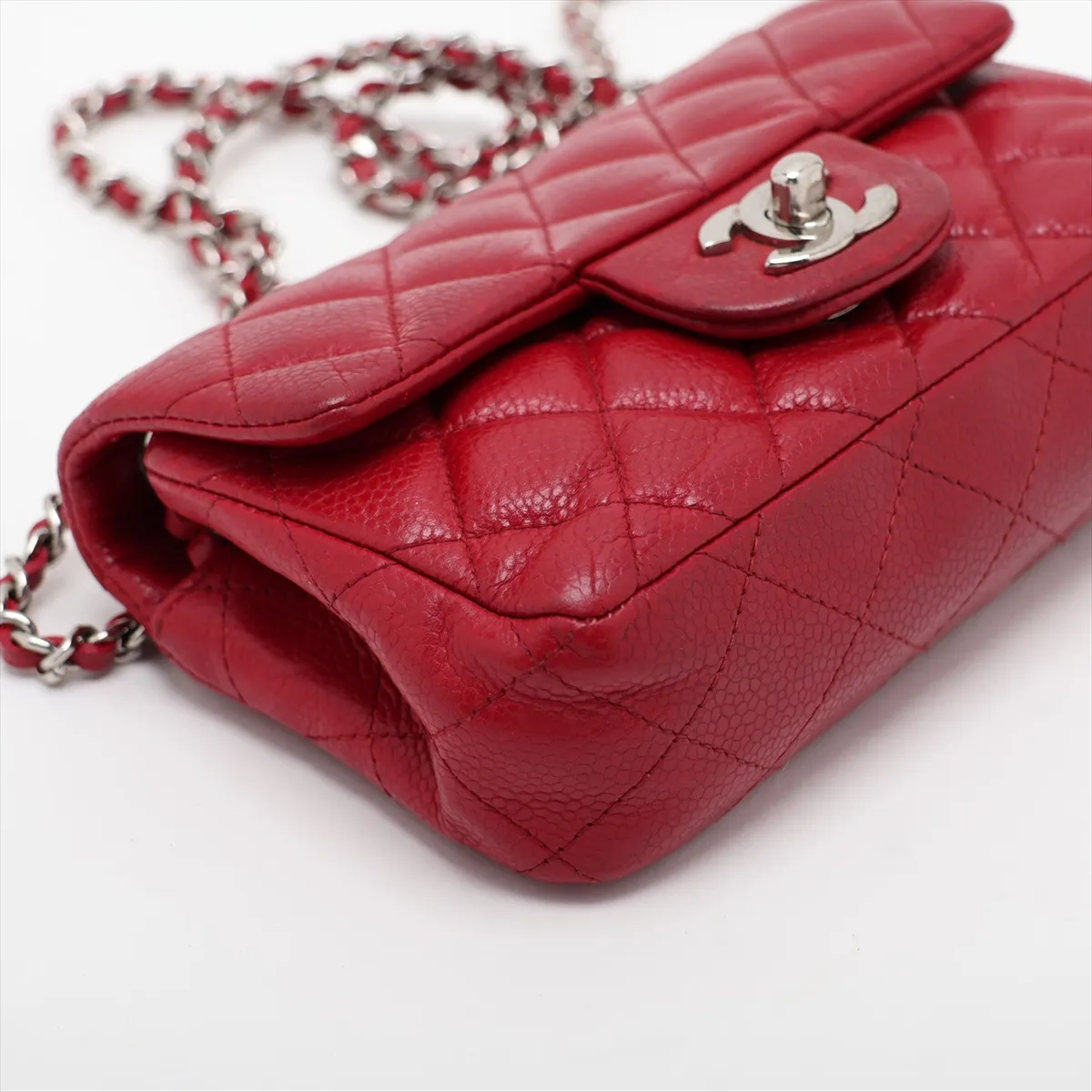 Mini Matelassé Caviar Skin Single Flap Single Chain Bag, Red, Silver Hardware, 17161311, Serial Number 17 — view 4
