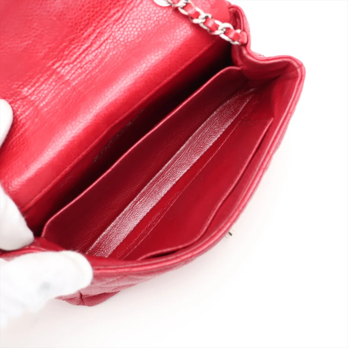 Mini Matelassé Caviar Skin Single Flap Single Chain Bag, Red, Silver Hardware, 17161311, Serial Number 17 — view 6