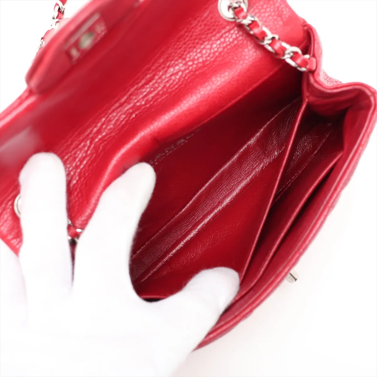 Mini Matelassé Caviar Skin Single Flap Single Chain Bag, Red, Silver Hardware, 17161311, Serial Number 17 — view 7