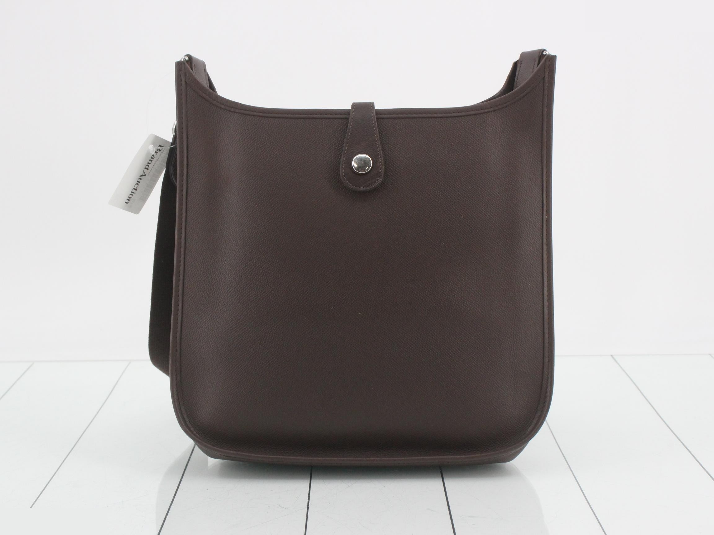 Evelyn PM Leather Shoulder Bag, H Stamp, Dark Brown — view 2