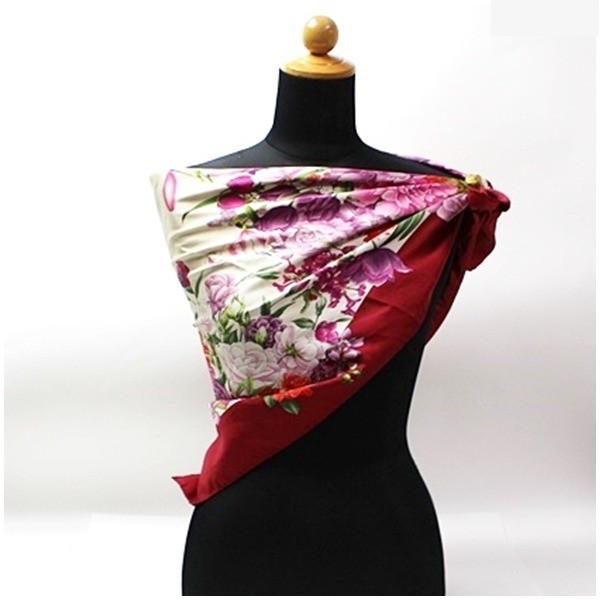 scarf, floral pattern, wine red x white — view 2