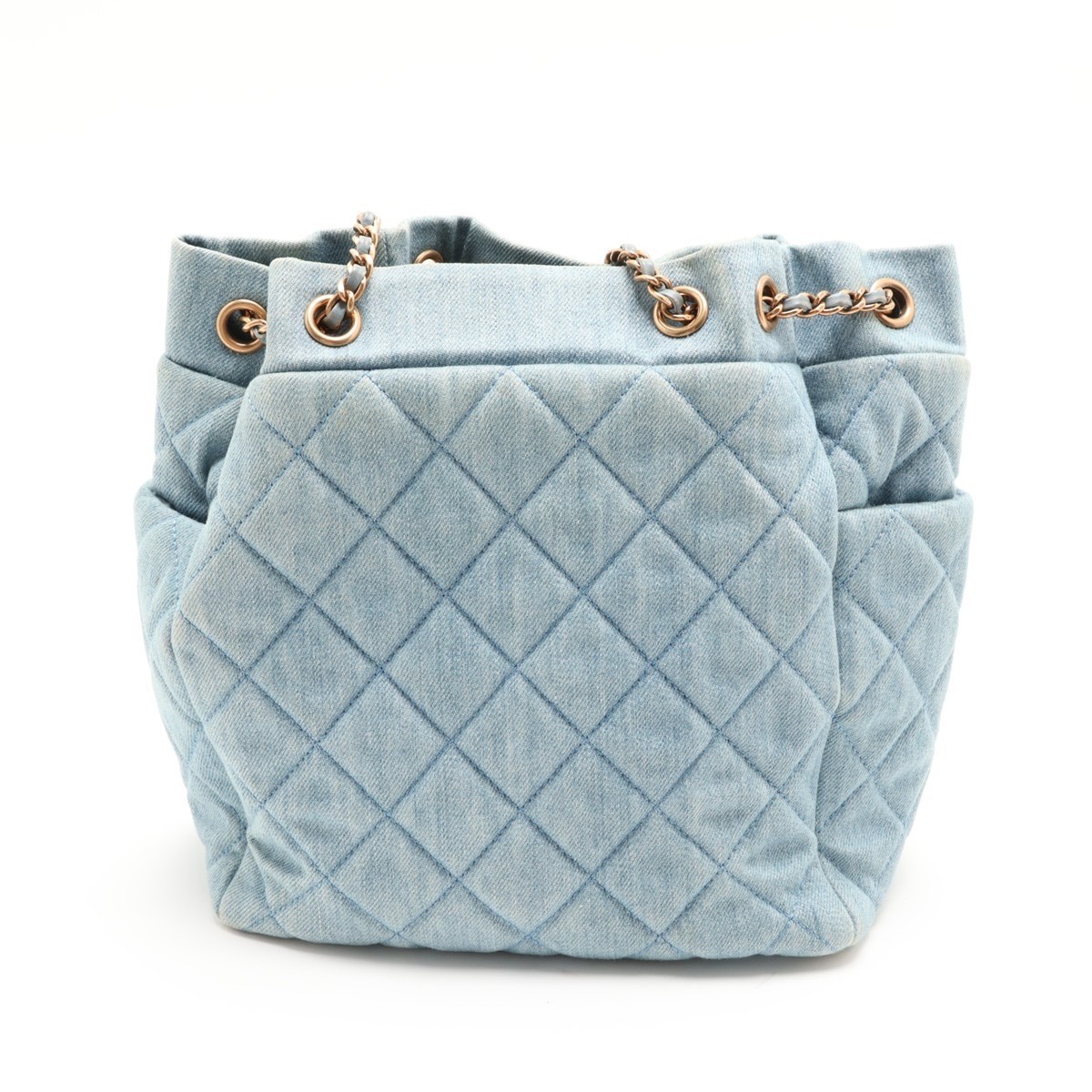 Matelassé denim x leather shoulder bag, chain shoulder bag, drawstring bag — view 2