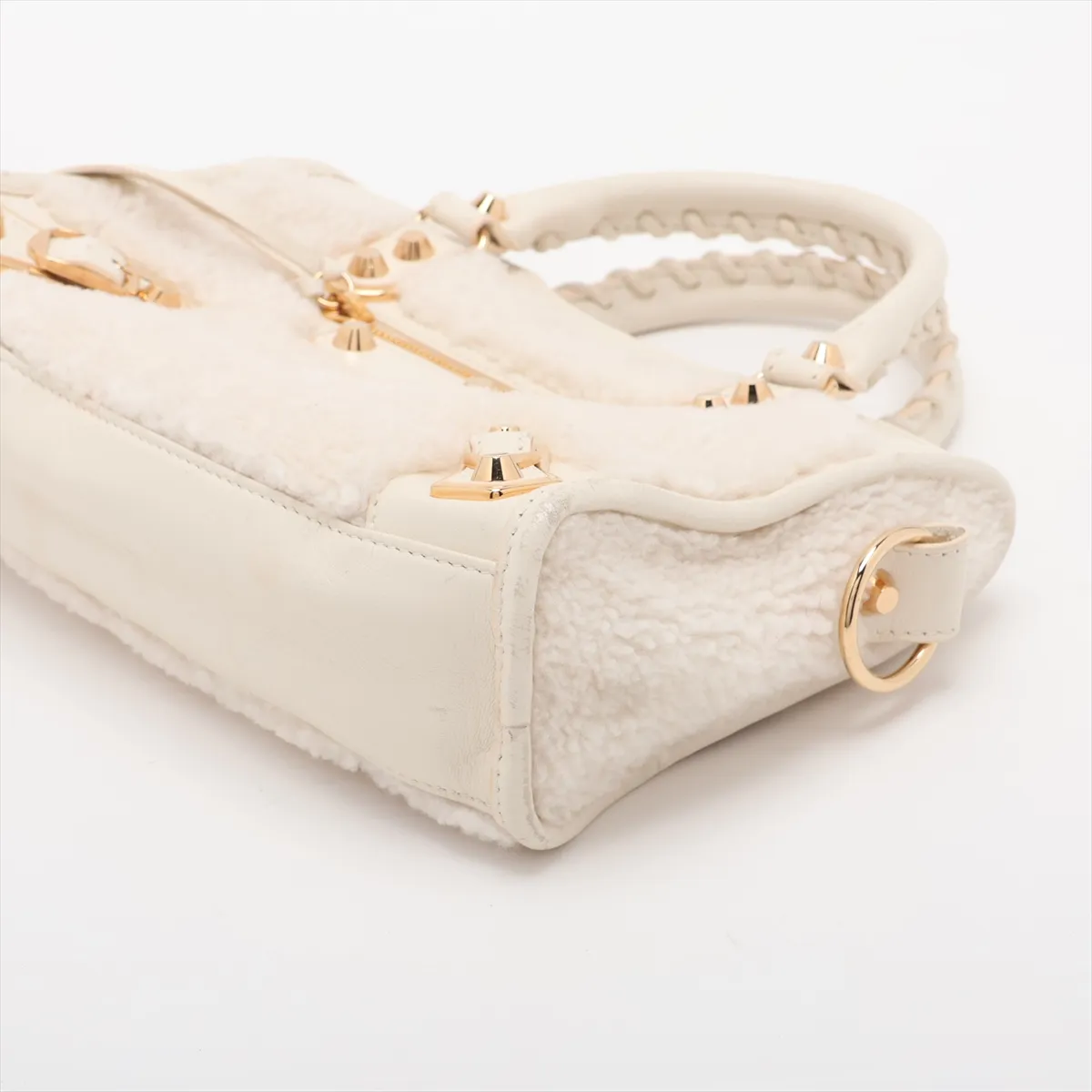 Classic Metal Edge City Shearling x Lambskin x Leather 2-Way Handbag White 390160 with Mirror — view 3