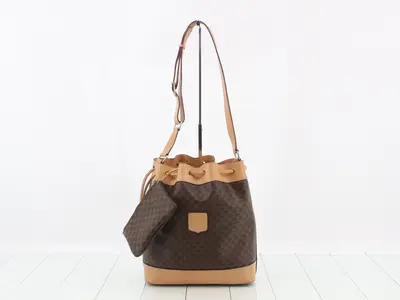 Macadam Logo Drawstring Bucket Bag, Brown, with Pouch