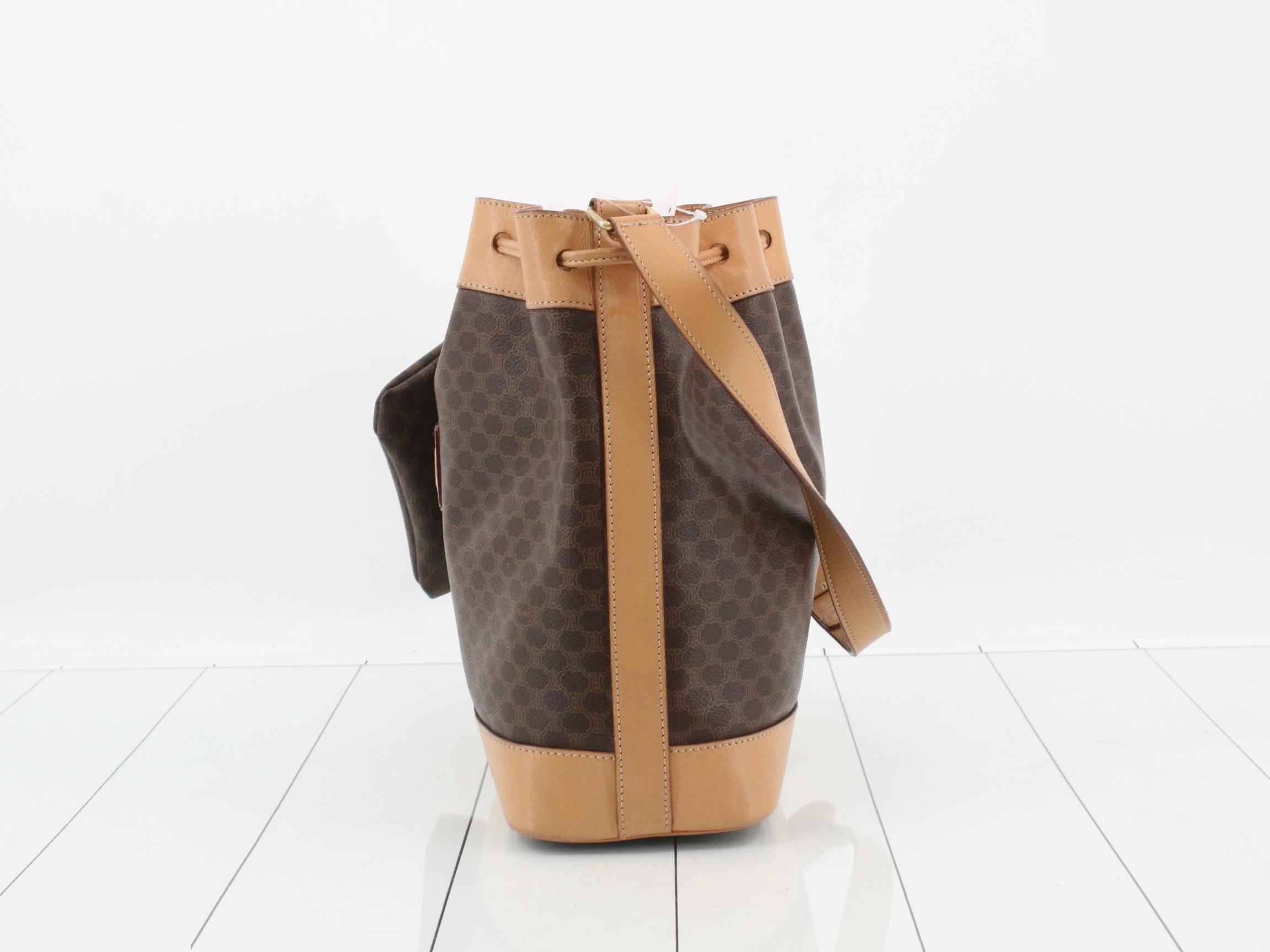 Macadam Logo Drawstring Bucket Bag, Brown, with Pouch — view 3
