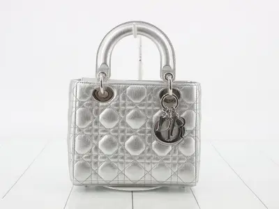 Lady Dior Canage Lamb 2-Way Handbag, Silver Color
