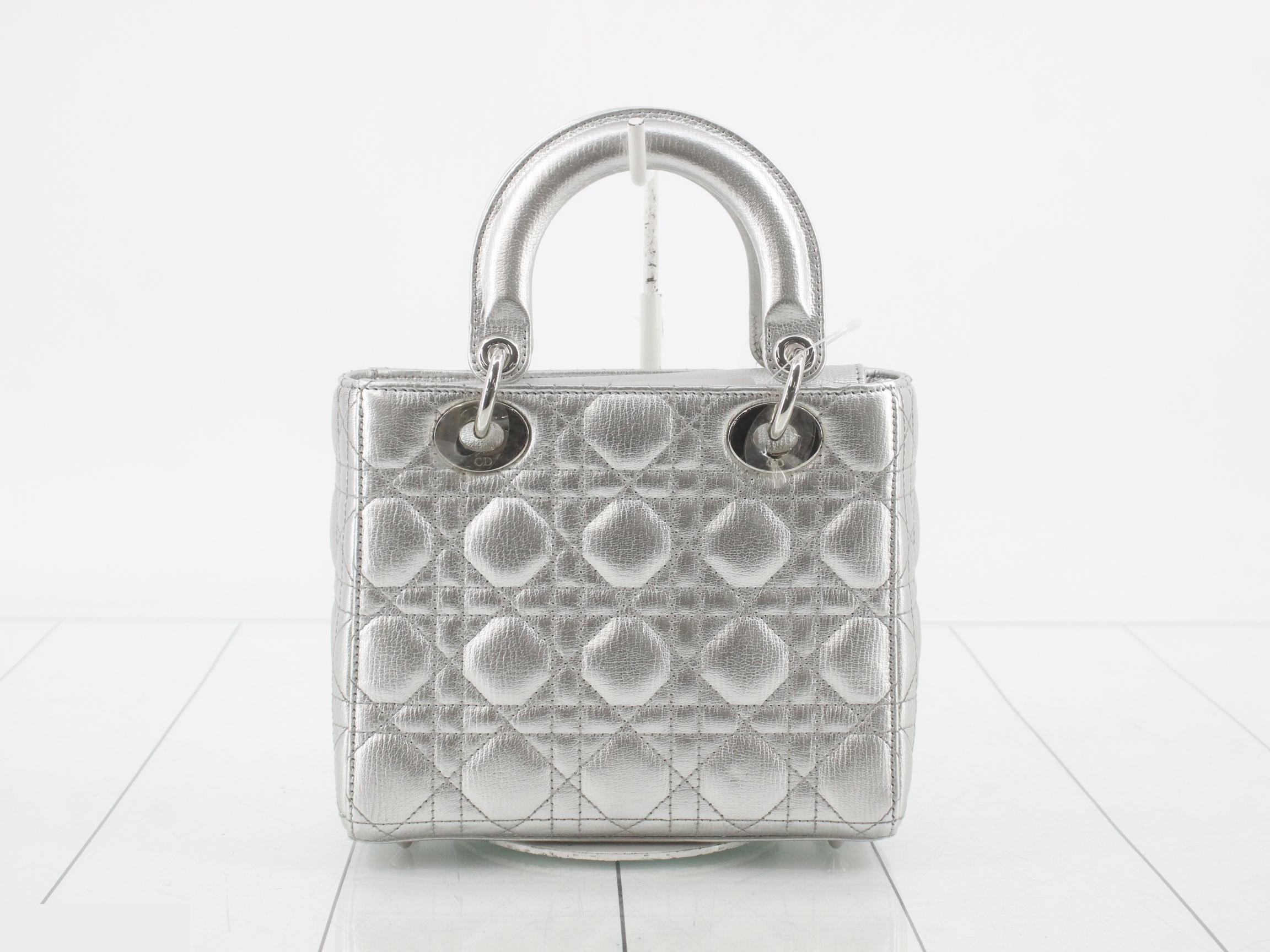 Lady Dior Canage Lamb 2-Way Handbag, Silver Color — view 2