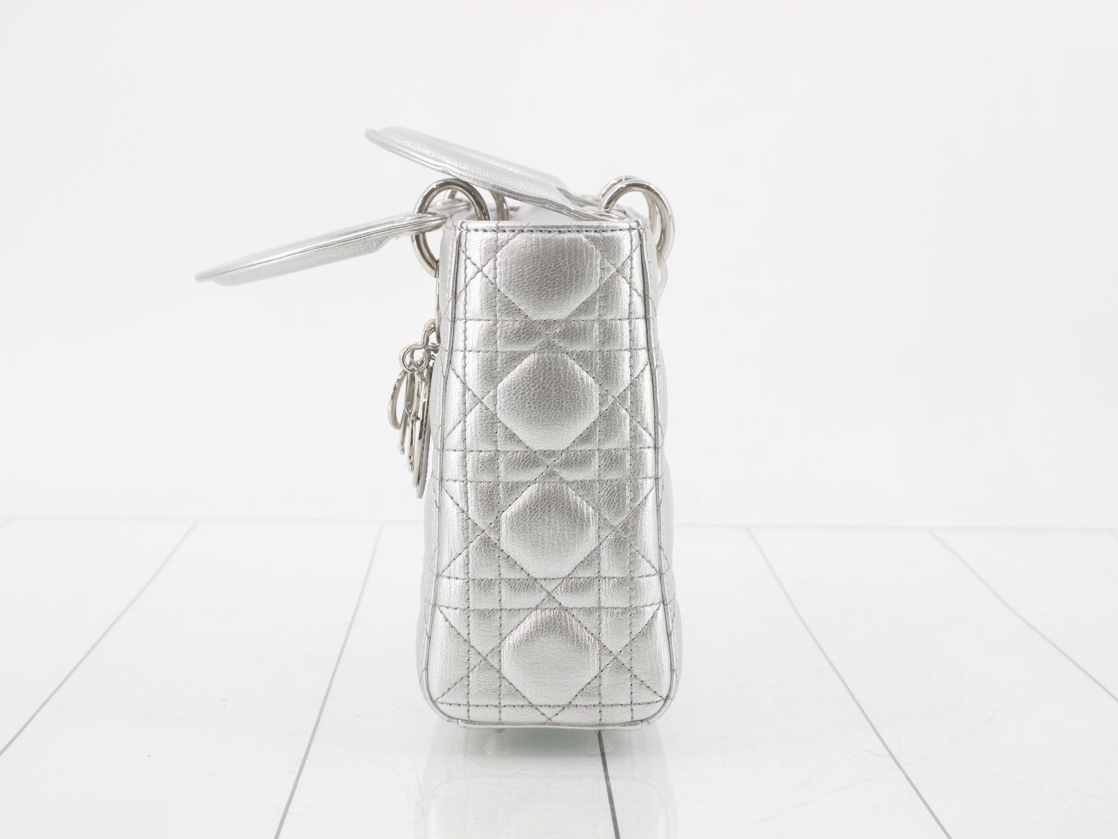 Lady Dior Canage Lamb 2-Way Handbag, Silver Color — view 3