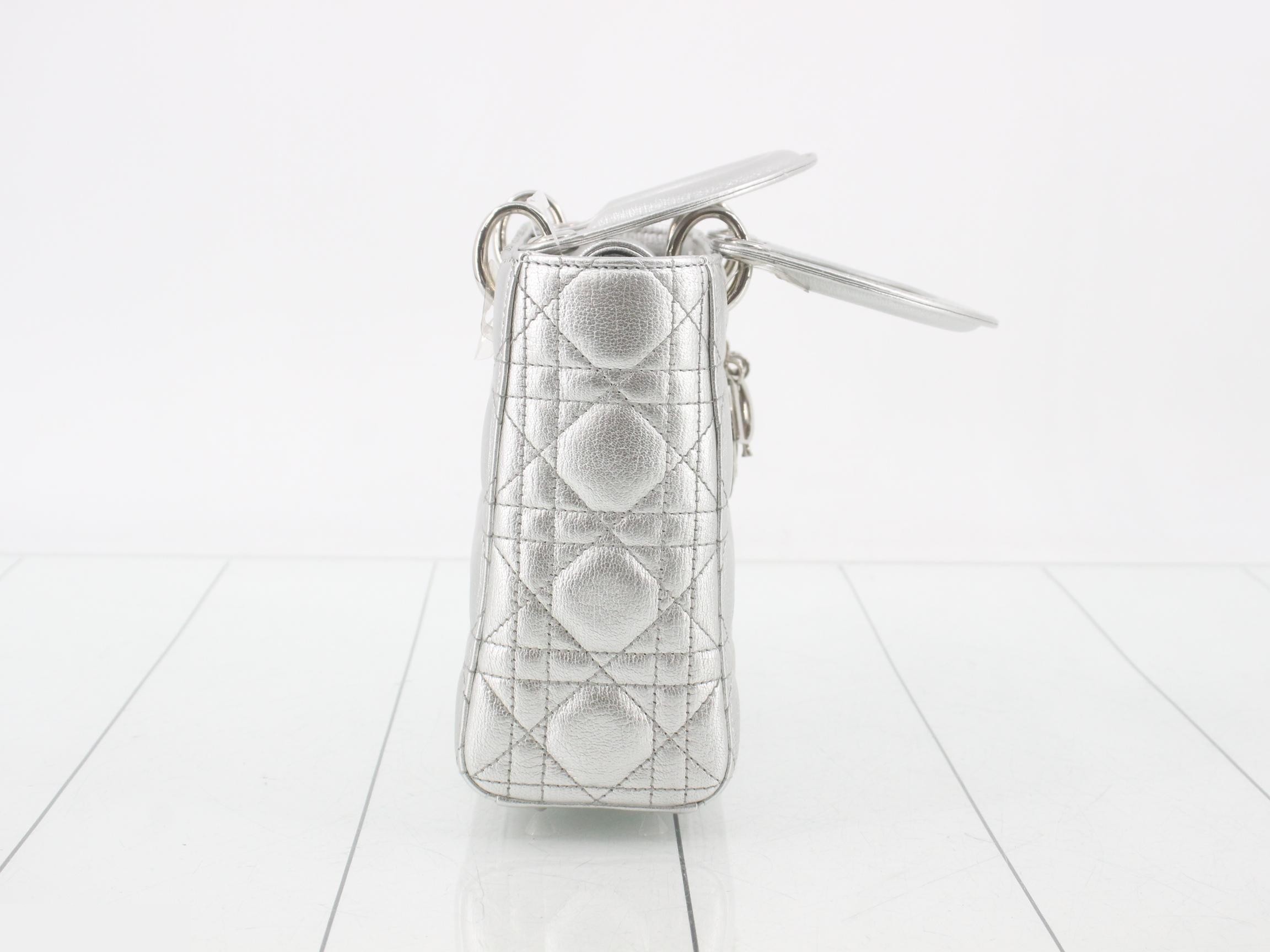 Lady Dior Canage Lamb 2-Way Handbag, Silver Color — view 4