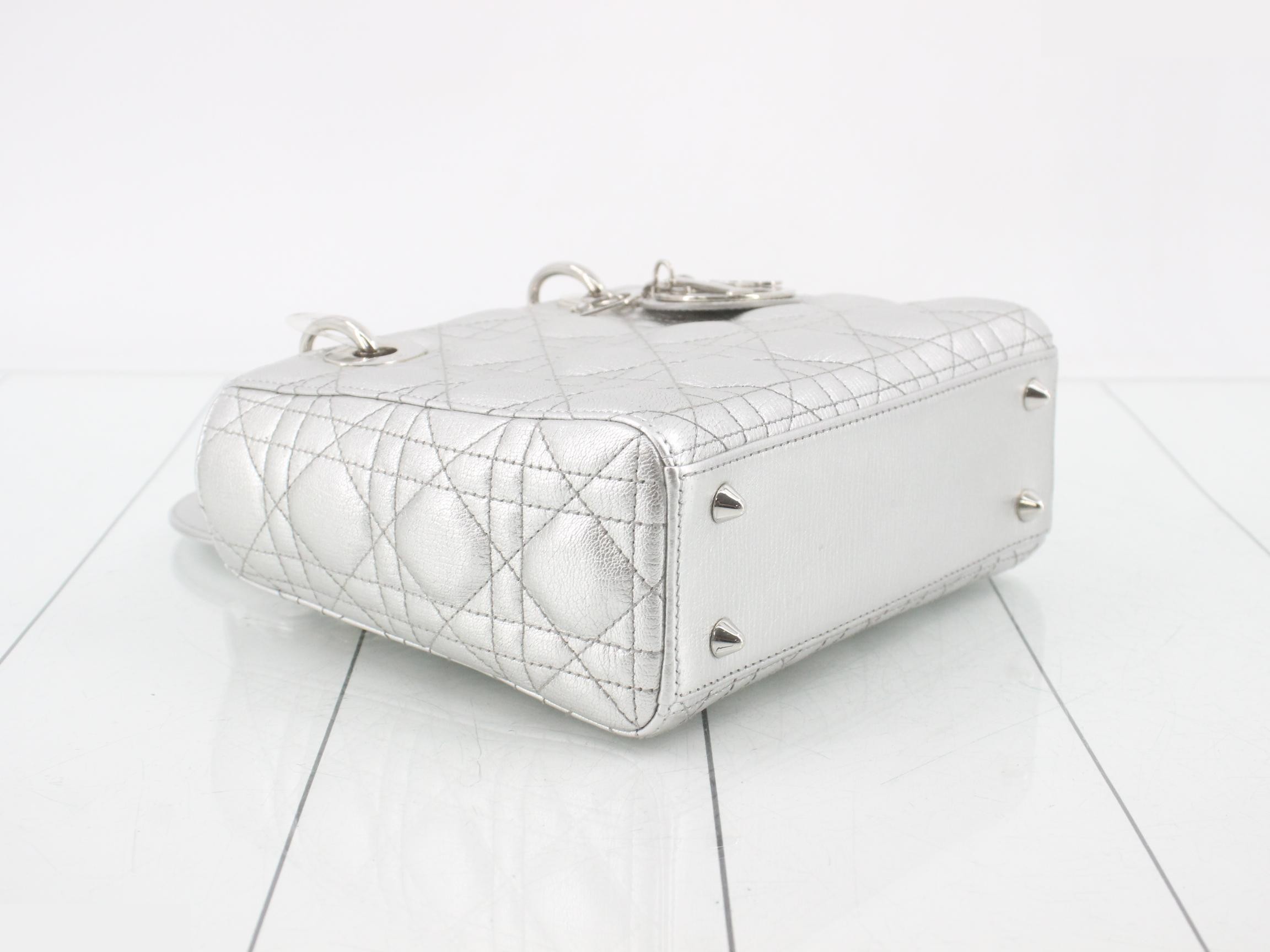 Lady Dior Canage Lamb 2-Way Handbag, Silver Color — view 5