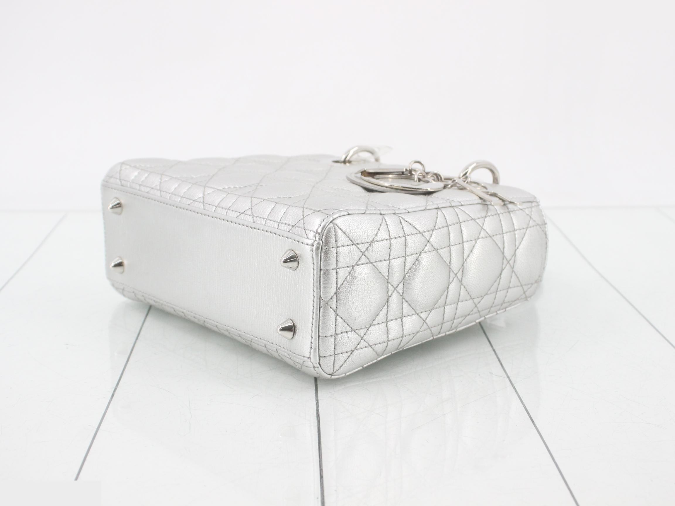 Lady Dior Canage Lamb 2-Way Handbag, Silver Color — view 6