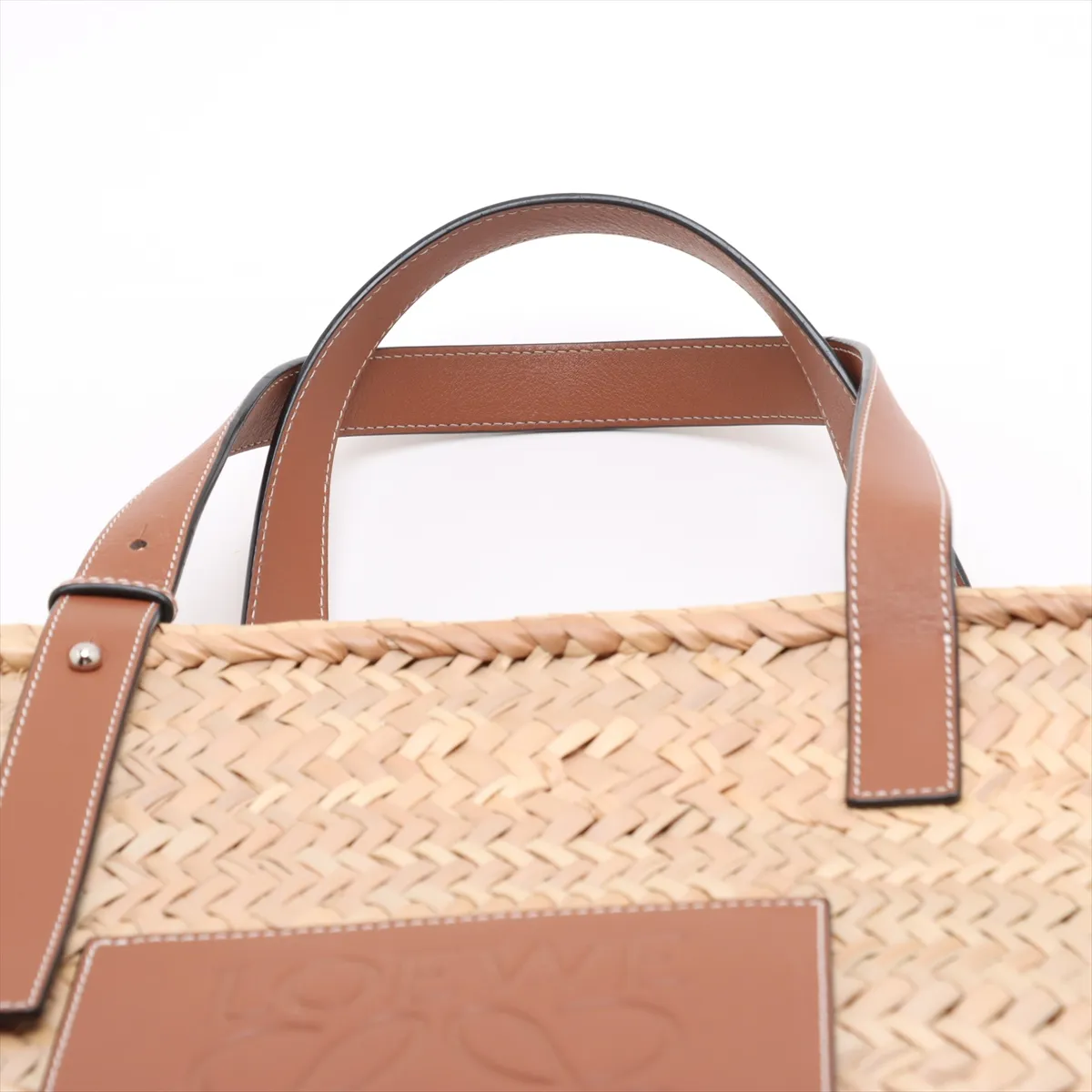 Basket Large Raffia x Leather Tote Bag, Beige x Brown — view 6