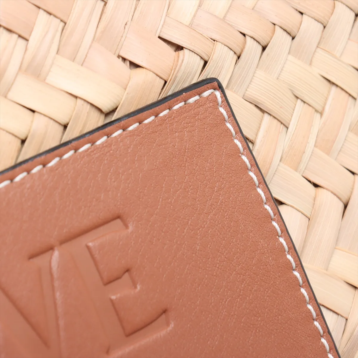 Basket Large Raffia x Leather Tote Bag, Beige x Brown — view 9