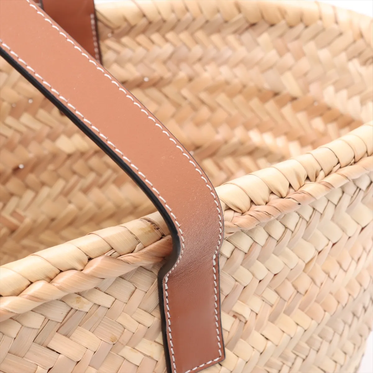 Basket Large Raffia x Leather Tote Bag, Beige x Brown — view 10