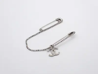 Safety pin double chain rhinestone brooch