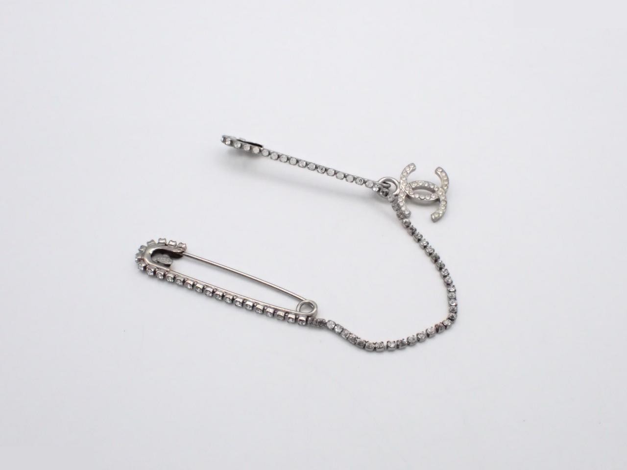 Safety pin double chain rhinestone brooch — view 2