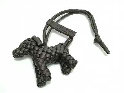 Intrecciato Dog Charm Brown Leather Key Case/Keychain