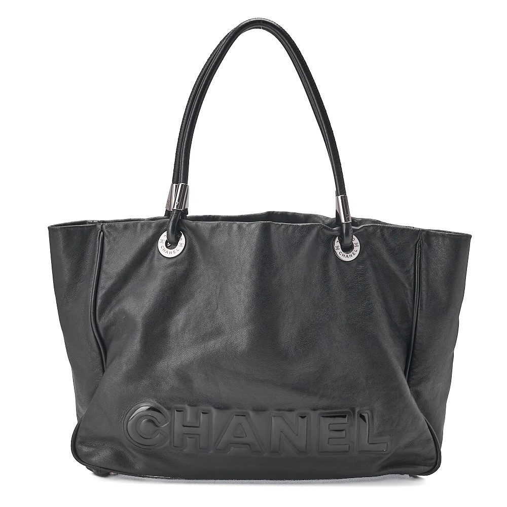 Lambskin x Enamel Camellia Large Size Tote Bag, Black, Silver Hardware, Series 6 — view 2