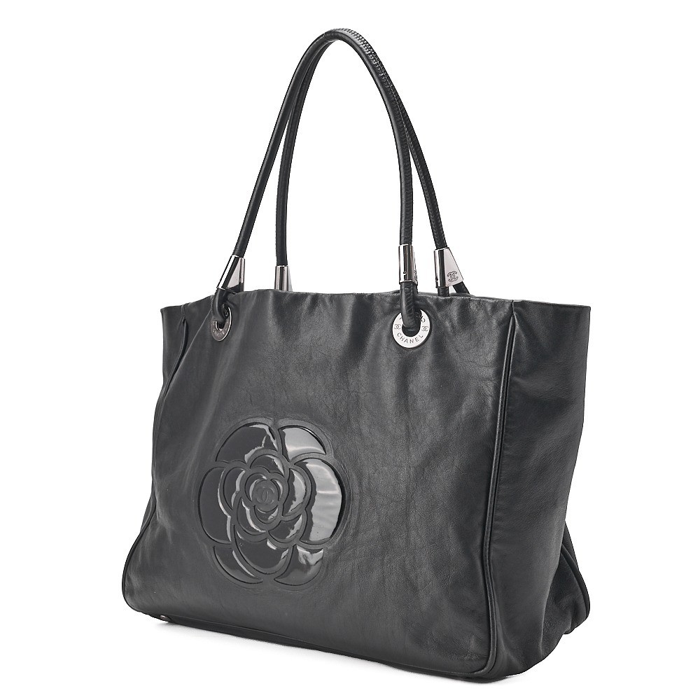 Lambskin x Enamel Camellia Large Size Tote Bag, Black, Silver Hardware, Series 6 — view 3