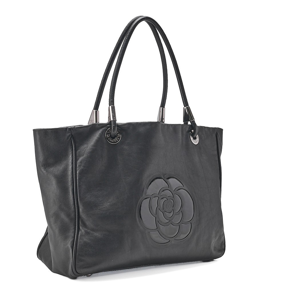 Lambskin x Enamel Camellia Large Size Tote Bag, Black, Silver Hardware, Series 6 — view 4