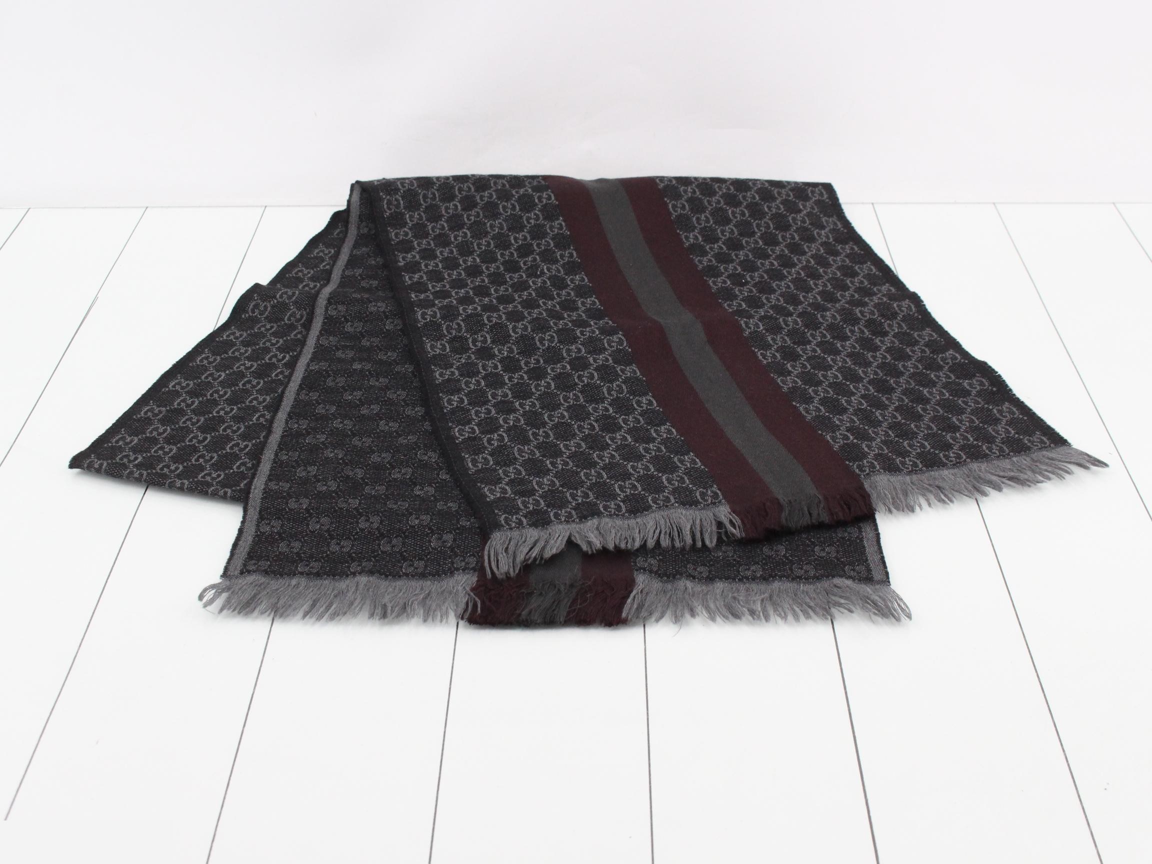 GG pattern scarf/stole, web stripe, gray/burgundy — view 2