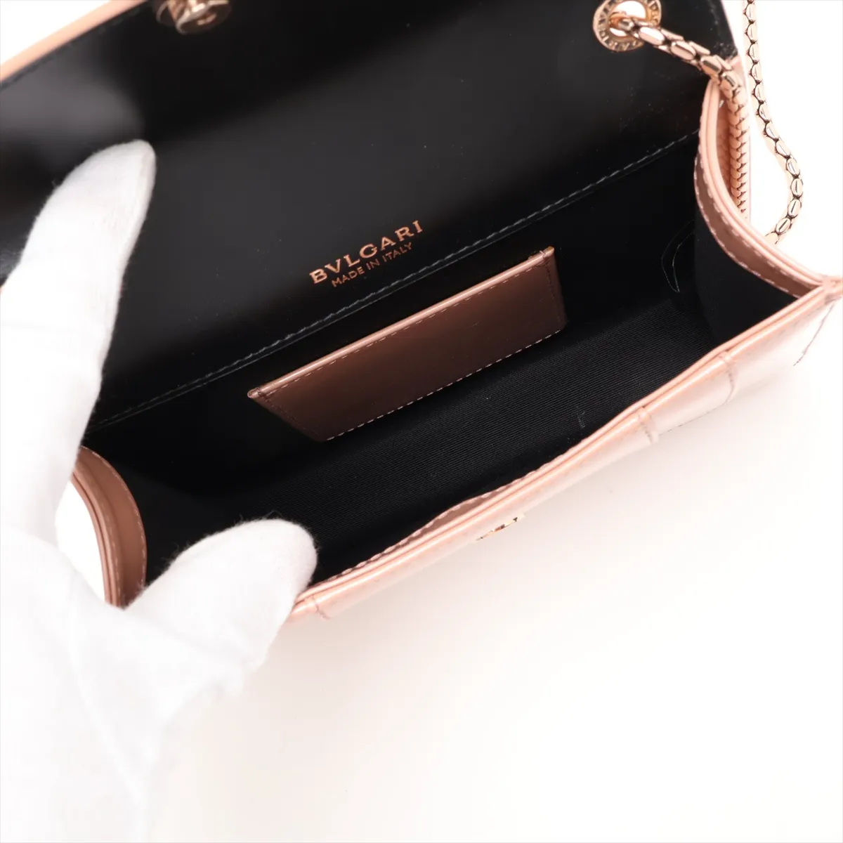 Serpenti Patent Leather Chain Shoulder Bag, Beige, with Mirror — view 6